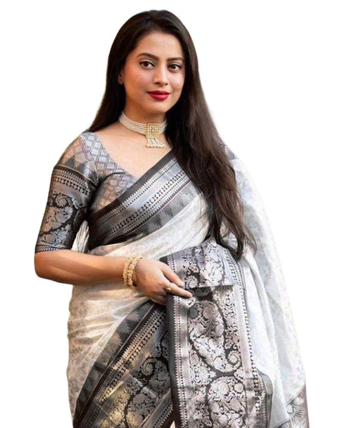 Vasthrlay Kanjivaram Banarasi Wedding White And Black Saree With Unstitched Blouse Piece