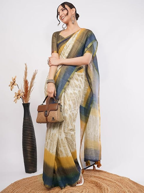 Vasthrlay Beige Womens Violet Lavender Daisy Floral Prints Linen Saree With Zari Border And Unstitched Blouse Piece