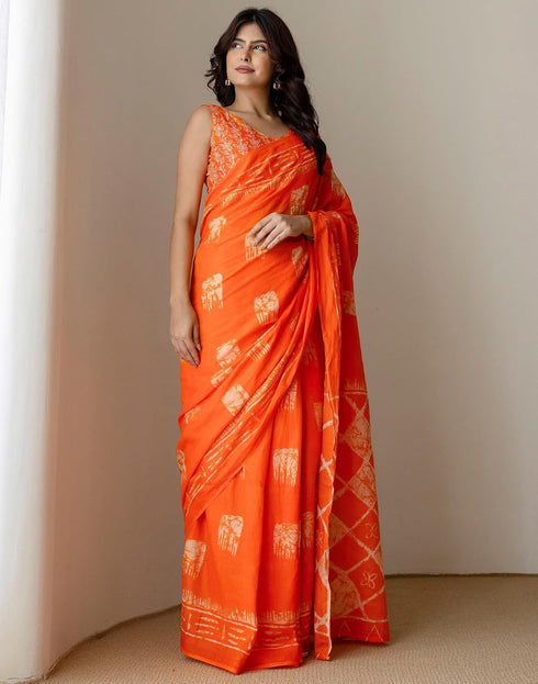 Vasthrlay Womens Cotton Printed Orange Saree With Unstitched Blouse Piece