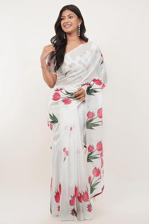 Vasthrlay Off White Striped | Floral | Solid Print Design Linen Saree With Solid Unstitched Linen Blouse Piece