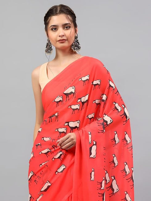 Vasthrlay Red Floral| Solid| Striped Design Georgette Saree With Unstitched Blouse Piece