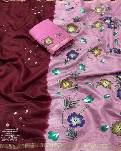 Vasthrlay Mulmul Linen Cotton Saree | Red with Pink Floral Printed Pallu Zari Border