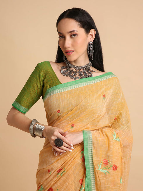 Vasthrlay Handloom Embroidered Apricot Saree