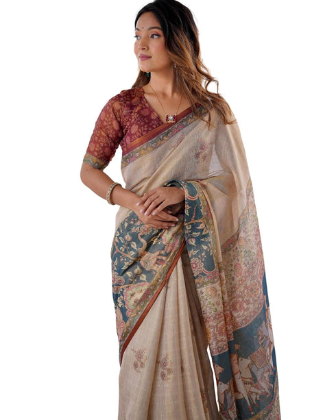 Vasthrlay Handloom Beige Blue Traditional Saree