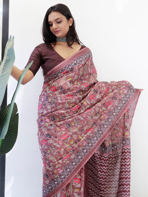 Vasthrlay Botanical Printed Unstitched Brown Smc Ethnic Wear