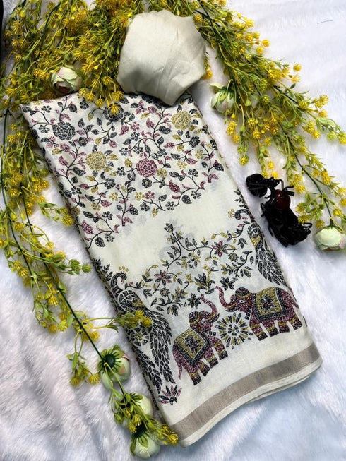 Vasthrlay Off White Printed Elephant Lightweight