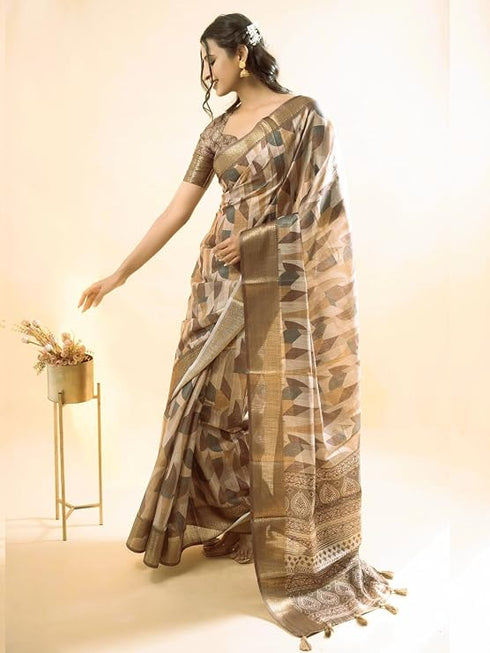 Vasthrlay Earthy Grey Abstract Print Polyester Saree With Zari Border And Unstitched Blouse Piece