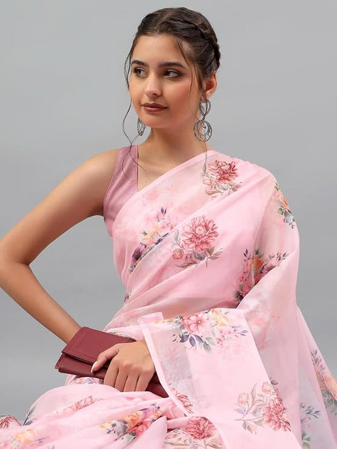 Vasthrlay Pastel Pink3 Sheer Floral Printed Art Chiffon Saree With Unstitched Blouse