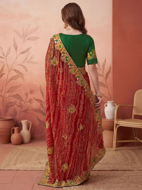 Vasthrlay Georgette Embroidery Unstitched Red Saree