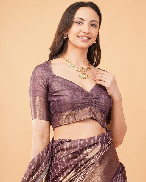 Vasthrlay Taupe Geometric Print Polyester Saree With Dull Gold Zari Border And Unstitched