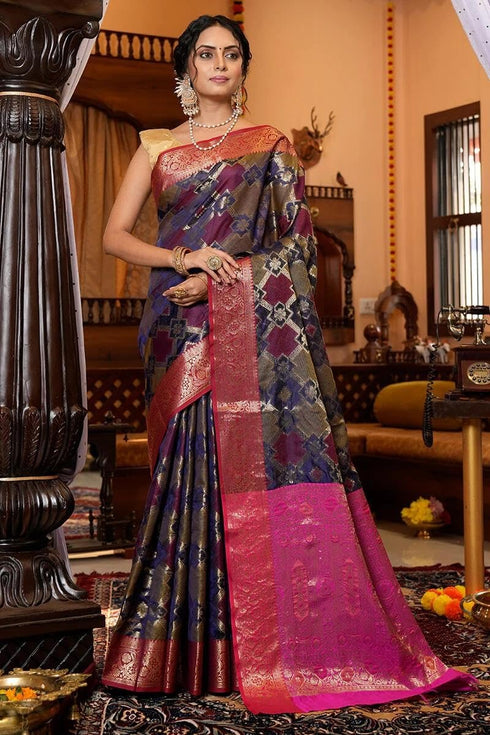 Vasthrlay Navy Blue Jacquard Saree