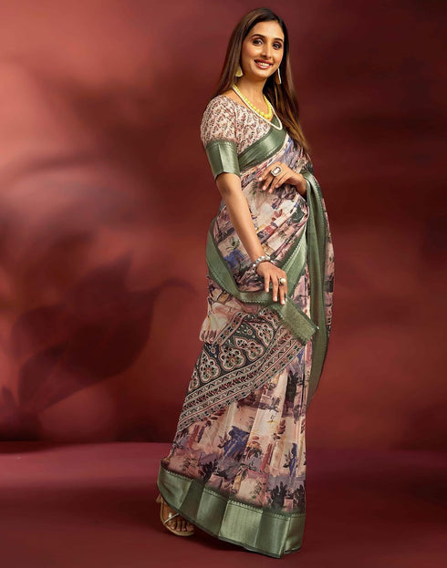 Vasthrlay Printed Jacquard Peach And Dusty Green Saree With Unstitched Blouse Piece