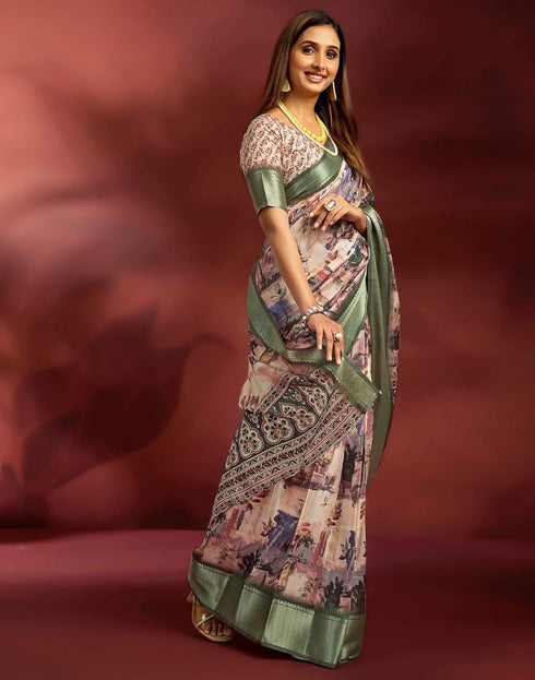 Vasthrlay Printed Jacquard Unstitched Rama Green Saree