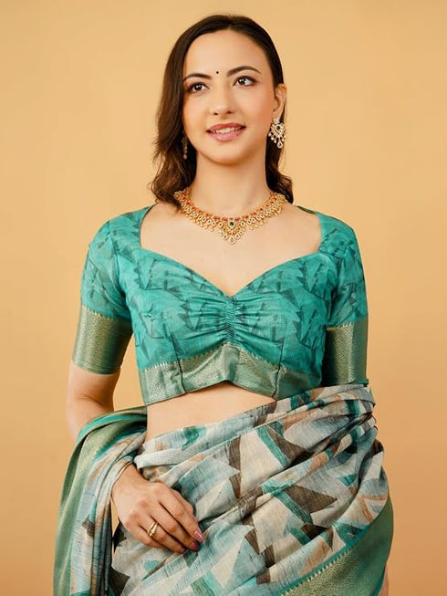 Vasthrlay Teal Green Geometric Print Polyester Saree With Dull Gold Zari Border And Unstitched Blouse Piece
