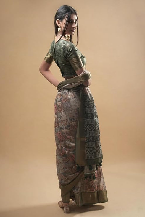 Vasthrlay Earthy Multicolor Abstract Print Polyester Saree With Antique Zari Border And Unstitched Blouse Piece