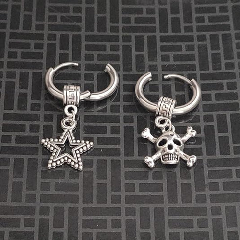 M Men Style Men Star Dangle Hoop Studs With Gothic Skeleton Head Dangle