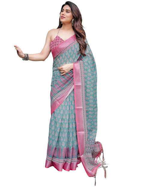 Vasthrlay Womens Printed Unstitched Light Green Saree
