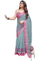 Vasthrlay Womens Printed Dusty Teal Blue Saree With Unstitched Blouse Piece
