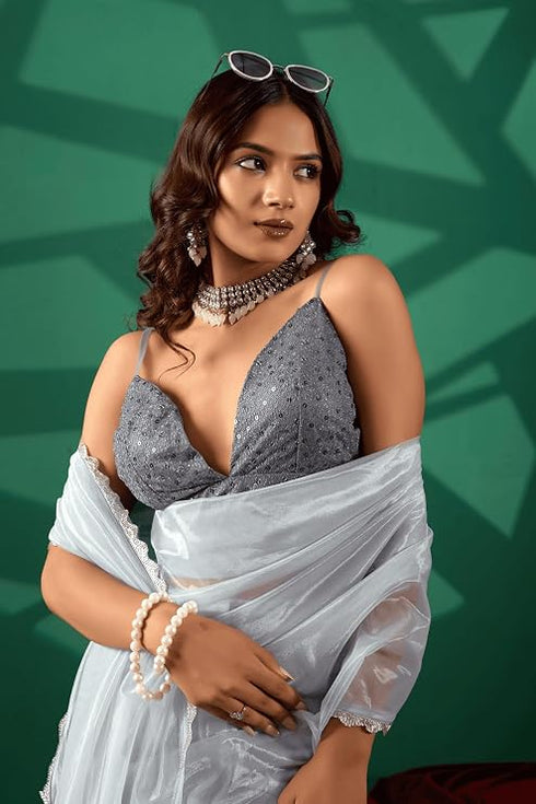 Vasthrlay Blue Womens Shimmer Ready To Wear Saree