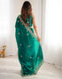 Vasthrlay Scalloped Embroidery Teal Green Saree With Unstitched Blouse Piece
