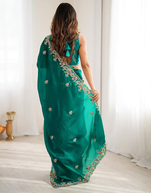 Vasthrlay Scalloped Embroidery Unstitched Red Saree