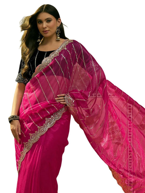 Vasthrlay Embroidery Scalloped Unstitched Navy Blue Saree