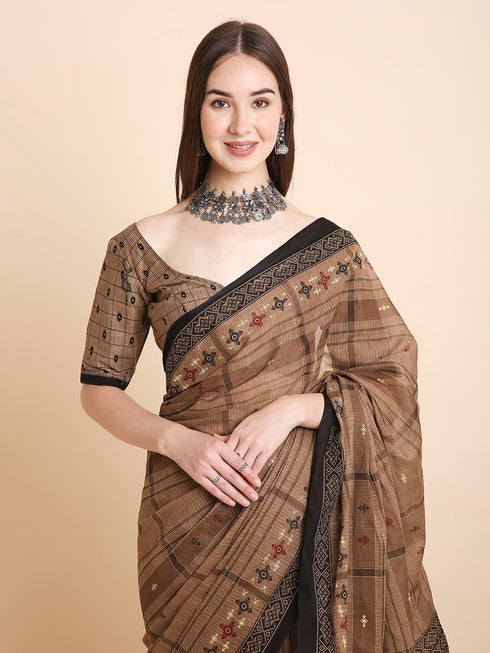 Vasthrlay Cotton Printed Mulmul Brown Saree