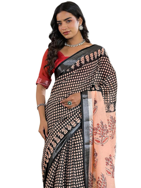 Vasthrlay Womens Printed Black Saree With Unstitched Blouse Piece