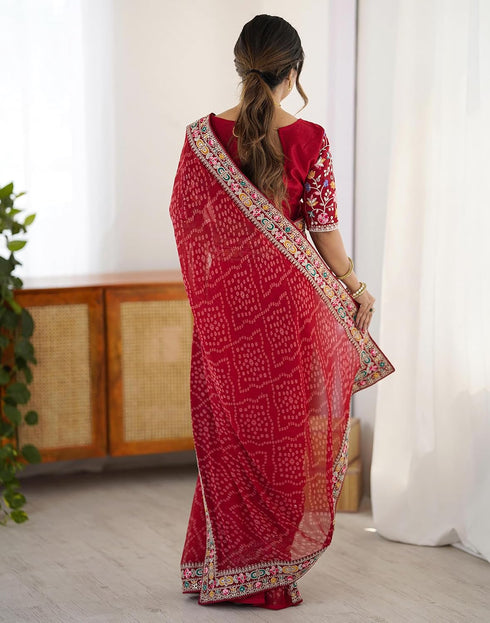 Vasthrlay Georgette Embroidery Red Saree With Unstitched Blouse Piece