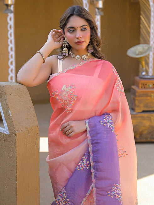 Vasthrlay Sequins Embroidery Orange Saree