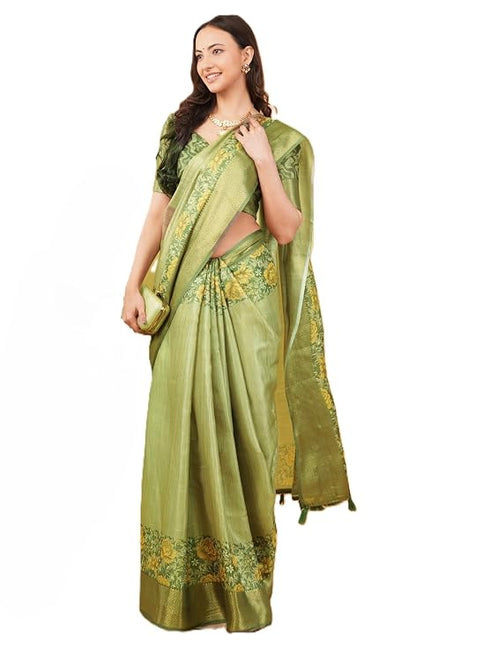 Vasthrlay Metallic Gold Textured Polyester Saree With Kalamkari Floral Panel| Zari Border And Unstitched Blouse Piece