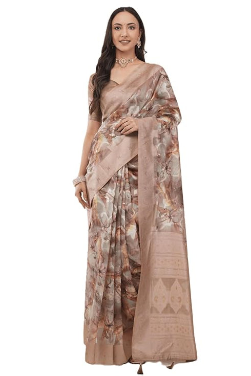 Vasthrlay Brown Floral Print Chanderi Silk Blend Saree With Unstitched Blouse Piece