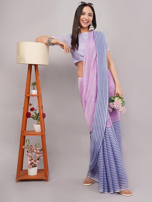 Vasthrlay Pink Printed Linen Saree With Unstitched Blouse Piece