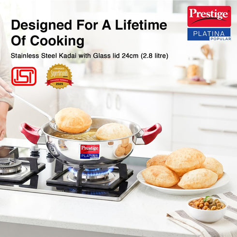 Prestige Platina Popular Stainless Steel Kadhai with Glass Lid