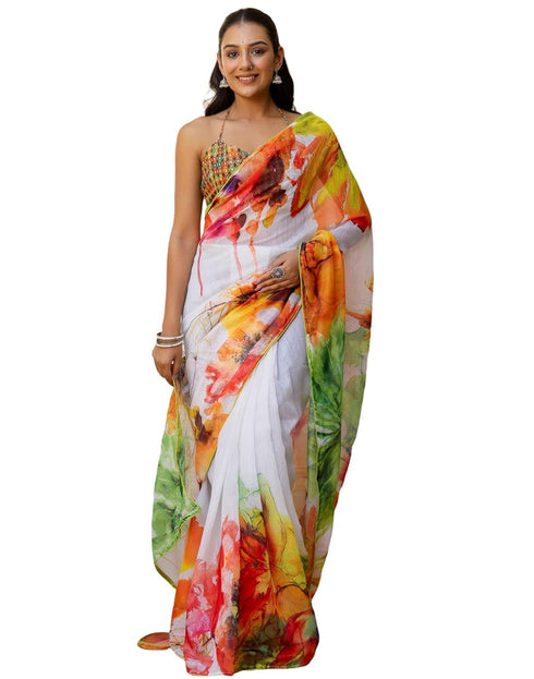 Vasthrlay Womens Printed Unstitched White Saree