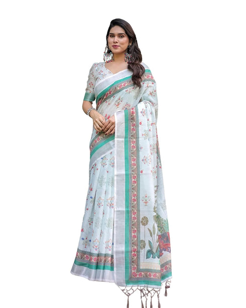 Vasthrlay Turquoise Floral Embroidered Saree