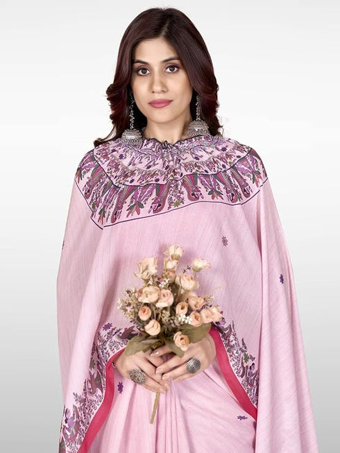 Vasthrlay Printed Kaftan Freehand Pink Women's Satin Saree With Unstitched Blouse Piece