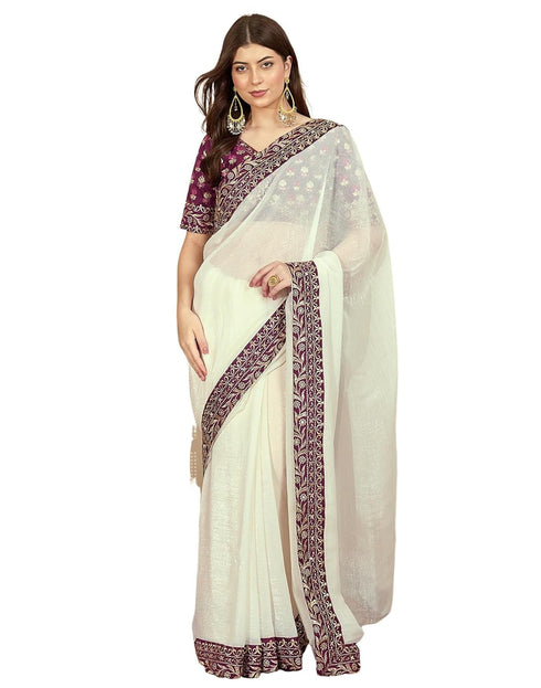 Vasthrlay Embroidery Chiffon Unstitched Off White Saree