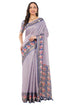 Vasthrlay Lilac Royal Blue Geometric Print Polyester Saree With Dull Gold Zari Border And Unstitched Blouse Piece