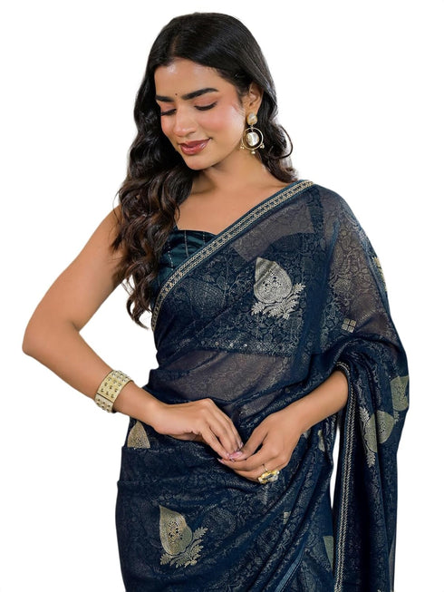 Vasthrlay Georgette Printed Unstitched Green Saree