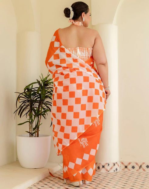 Vasthrlay Chanderi Printed Orange Saree With Unstitched Blouse Piece