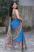 Vasthrlay Kalamkari Printed Sky Blue Saree with Border Cotton-Linen Blend Traditional Folk Art Motifs