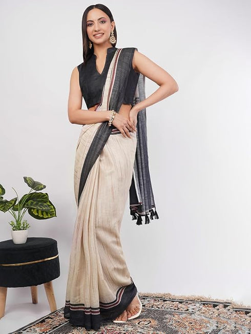 Vasthrlay Beige Printed Linen Saree With Unstitched Blouse Piece