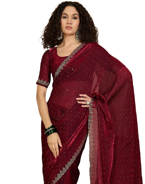 Vasthrlay Womens Scalloped Unstitched Maroon Saree