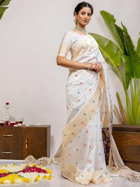 Vasthrlay Weaving Printed Off White Off White Saree