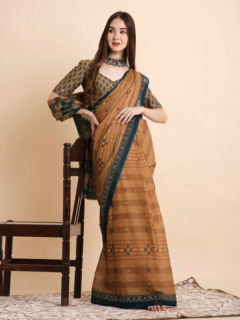 Vasthrlay Cotton Printed Mulmul Brown Saree