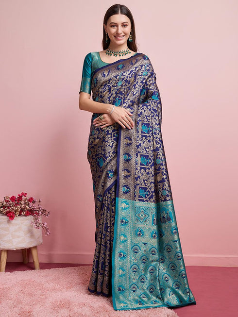 Vasthrlay Blue Banarasi Traditional Unstitched Saree