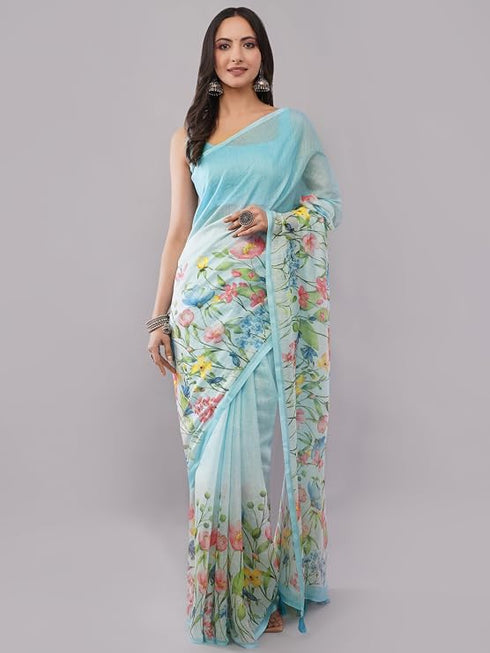Vasthrlay Printed Blue Linen Saree With Unstitched Blouse Piece