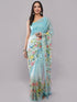 Vasthrlay Printed Blue Linen Saree With Unstitched Blouse Piece
