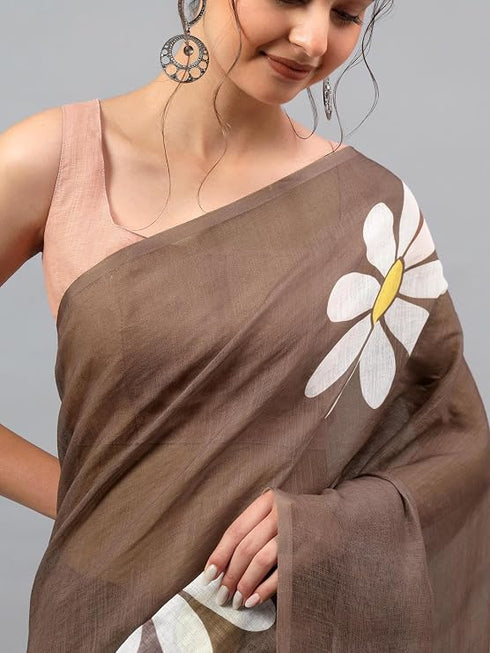 Vasthrlay Brown Womens Ready To Wear One Minute Linen Fabric Saree